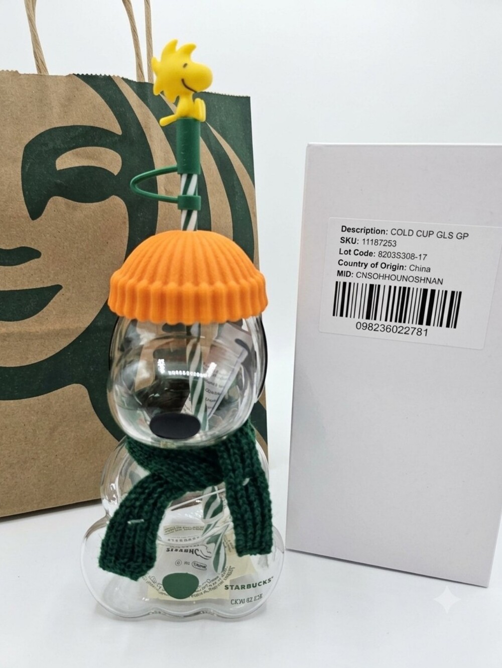 NWT Starbucks Peanuts Snoopy Glass Cold Cup Woodstock Straw